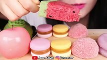 ASMR PEACH CAKE , WATERMELON  BAR , MACRON JELLY , PINK RICE CAKE EATING SOUNDS