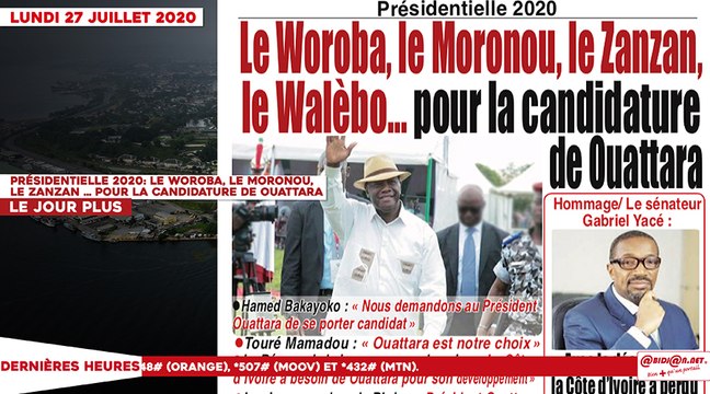 Le titrologue du lundi 27 juillet 2020/ Le woroba, le moronou, le zanzan... pour la candidature de Ouattara
