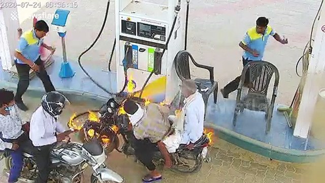 Motorbike bursts into flames while at gas station in northern India