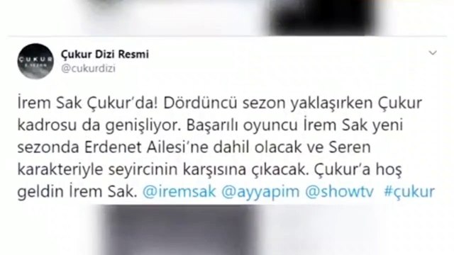 İrem Sak, Çukur dizisinin kadrosuna dahil oldu