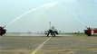 Visuals of water salute given to Rafale at fighter jets