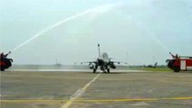 Visuals of water salute given to Rafale at fighter jets