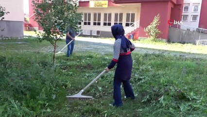 Yabani otlar okul müdürü tarafından tırpanla biçildi