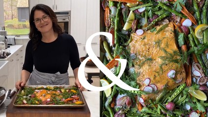 Susan Spungen's Sheet pan Honey-Dijon Salmon with Spring Vegetables