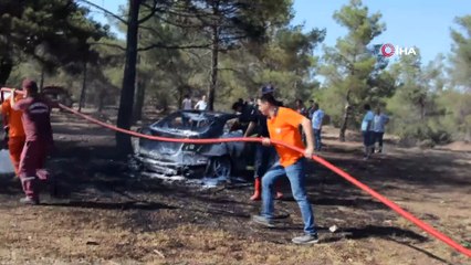Lüks otomobil ormanlık alanda alev alev yandı