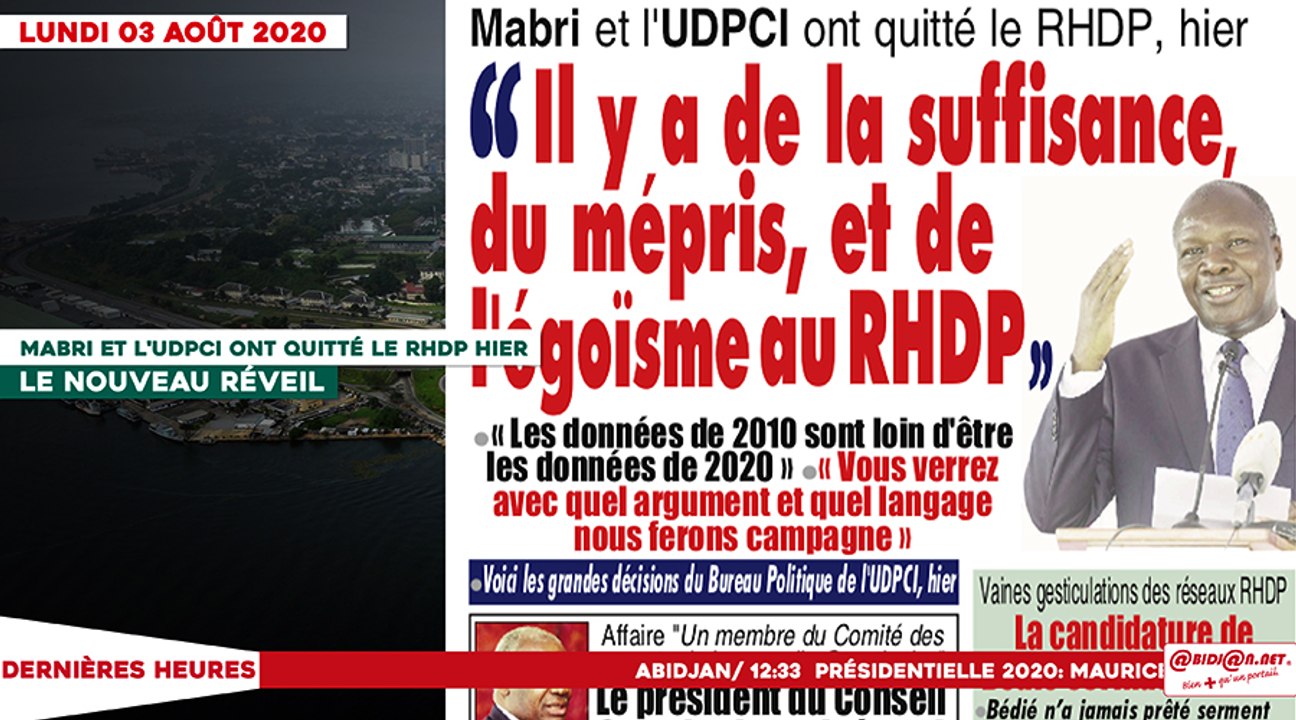 Le titrologue du lundi 03 Août 2020/  Mabri et l'UDPCI ont quitté le RHDP hier