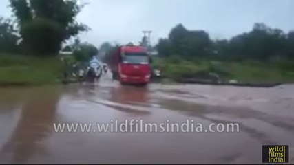 Bus drives onto flooded road and disappears into swirling waters!