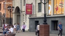 Peaceful protesters march to gather in front of government building in Minsk, Belarus