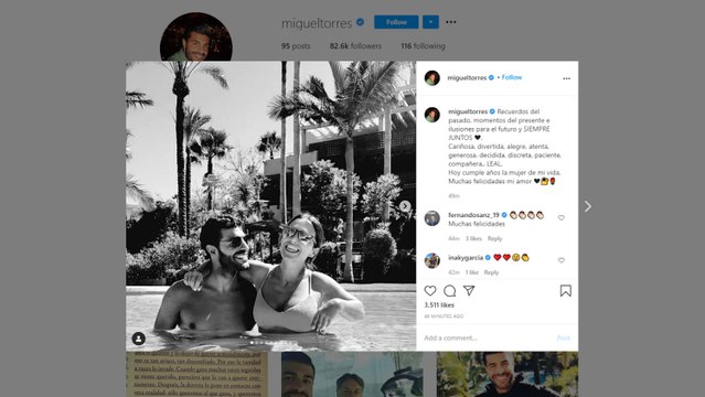 Miguel Torres felicita a Paula Echevarría: Hoy cumple años la mujer de mi vida