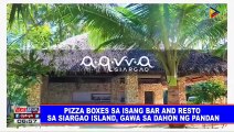 Pizza boxes sa isang bar and resto sa Siargao island, gawa sa dahon ng pandan