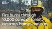 Fire burns through 10,000 acres of forest, destroys homes and cars