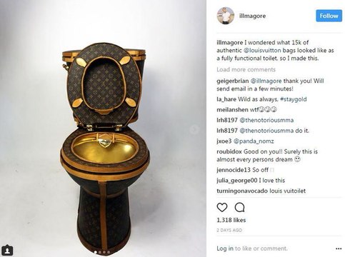 Golden toilet covered in Louis Vuitton monogram bags on sale for US$100,000