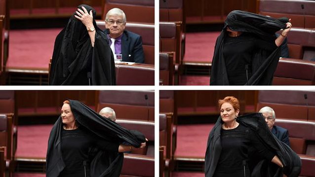 Anti-immigrant MP Pauline Hanson wears burqa in Aussie Senate