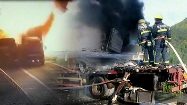 Lorry blows up after crashing into parked vehicle