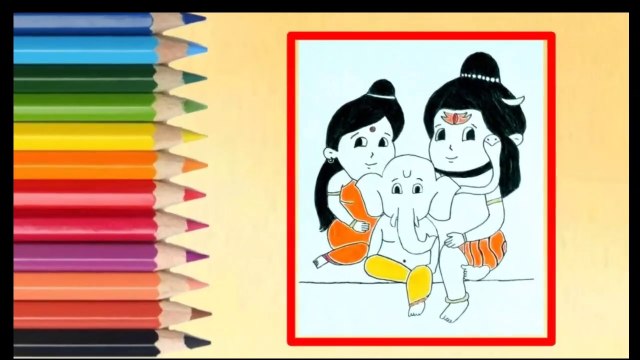 How To Draw Ganpati With Shiv And Mata Parvati Drawing - Shiv Parvati Drawing - Drawing - Bholenath Drawing