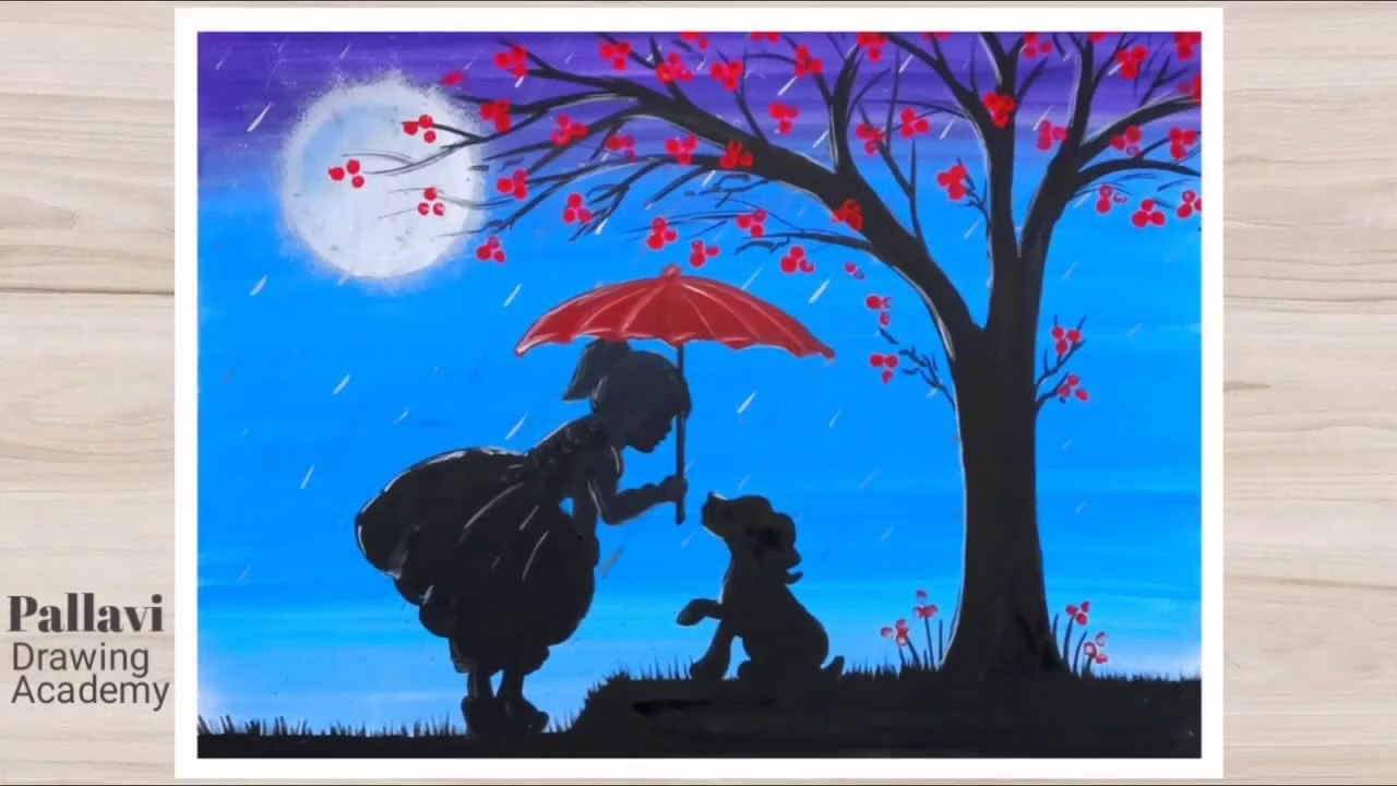 Easy and beautiful rainy night painting with girl and puppy for kids __ Pallavi