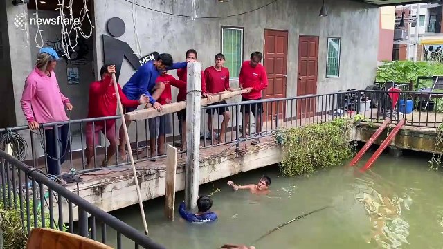 Six Thai builders jump on wooden beam to sink concrete post into river bed