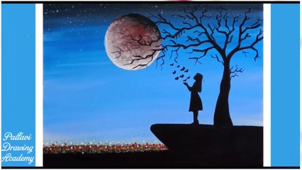 How to draw a girl with butterfly in moonlight for beginners __ Pallavi Drawing