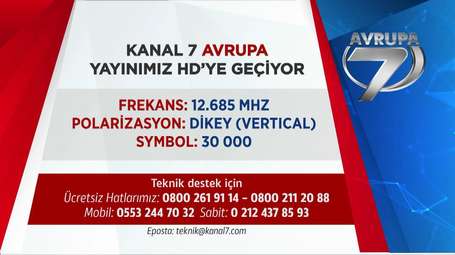Kanal 7 Avrupa HD Frekans Bilgileri