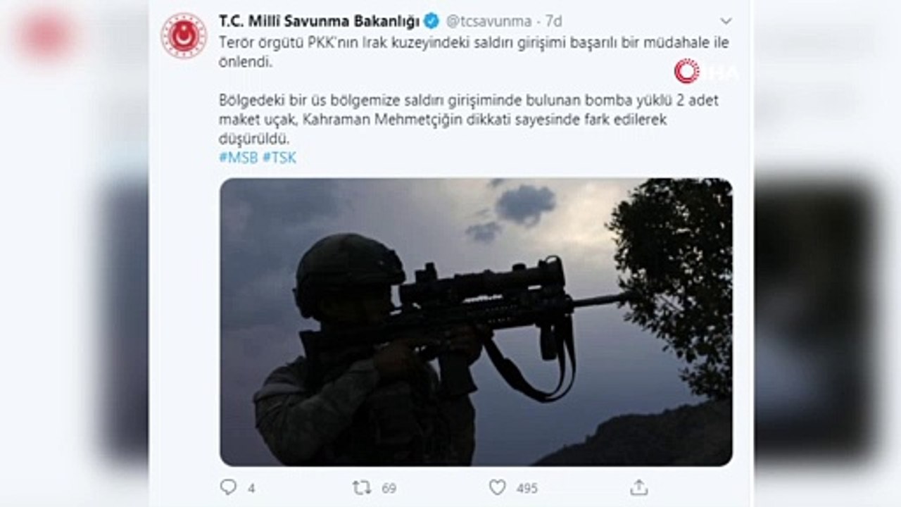MSB:'Terör örgütü PKK’nın Irak'ın kuzeyindeki saldırı girişimi başarılı bir müdahale ile önlendi. Bölgedeki bir üs bölgemize saldırı girişiminde bulunan bomba yüklü 2 adet maket uçak, Kahraman Mehmetçiğin dikkati sayesinde fark edilerek düşü
