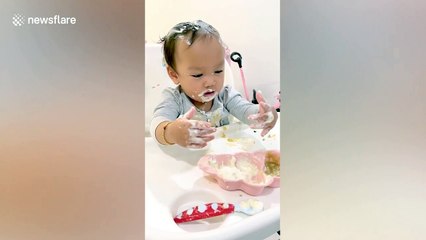 Toddler mistakes whipped cream for shampoo