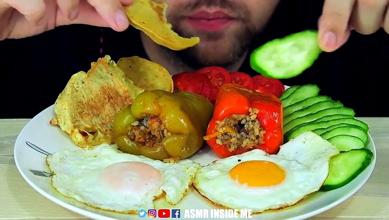 ASMR FRIED EGGS + STUFFED PEPPERS + PANCAKES + VEGETABLES | EATING SOUND (NO TALKING)  BEST SOUND