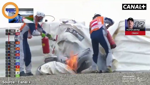 MotoGP : un pilote saute de sa moto qui finit par s'enflammer et s'écraser dans le mur