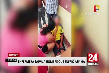 Enfermera auxilia a hombre con signos de asfixia en la vía pública