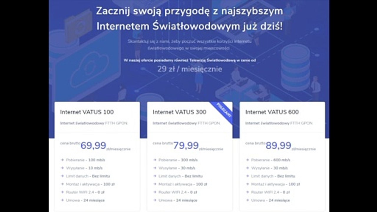 Internet Światłowodowy 100mb/s 300mb/s 600mb/s  VATUS 