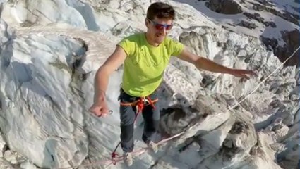 Adventure Seeker Balances On Highline Above Beautiful Glacier