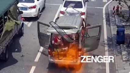 Van explodes in China after driver lights cigarette