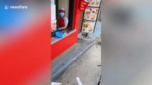 Horse rider uses fast-food drive-thru in the Philippines