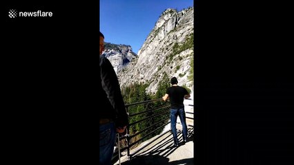 Talented US athlete balances on towers of weights in the gym