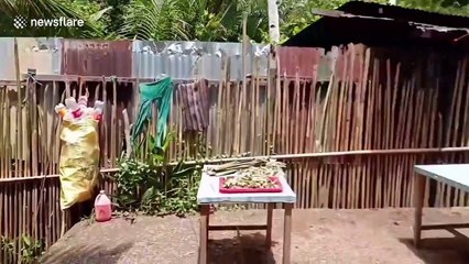 Partygoers do the cha-cha while using plastic sheet to follow Covid-19 distancing rules