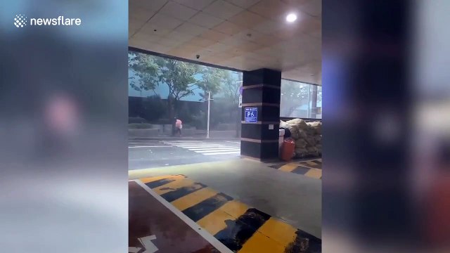 Pedestrian struggles to walk as Typhoon Haishen batters South Korea