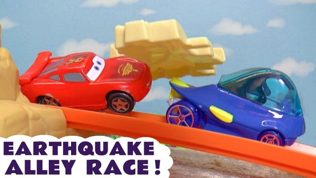 Hot Wheels Earthquake Challenge with Disney Pixar Cars 3 Lightning McQueen with PJ Masks Marvel Avengers and Finding Dory in this Toy Story Race Full Episode English Story for Kids
