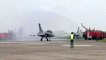 Rafale fighter jets receive water canon salute