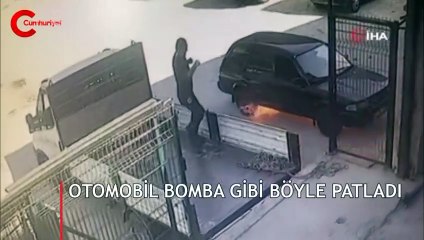 Otomobil bomba gibi patlayıp alev aldı
