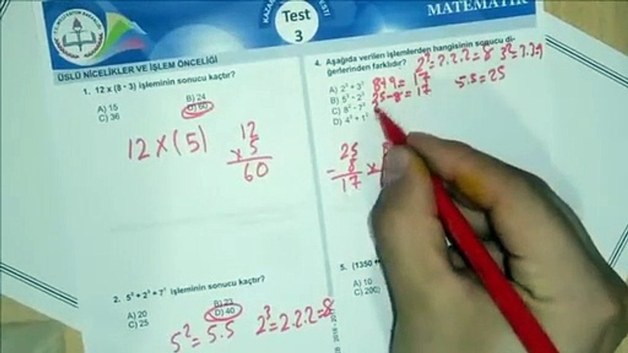 5.Sınıf MATEMATİK Üslü Nicelikler ve İşlem Önceliği Kazanım Testi 3 Bursluluk #CkmkAkademi