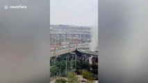 Gas sprays into air after pipe bursts due to construction work in China