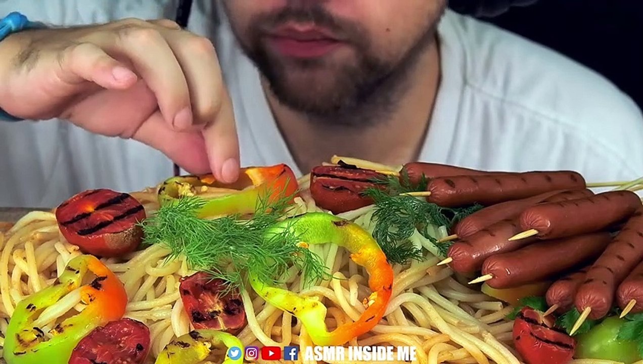 ASMR SPAGHETTI AND BBQ SAUSAGES + VEGETABLES | EATING SOUND (NO TALKING)  BEST SOUND