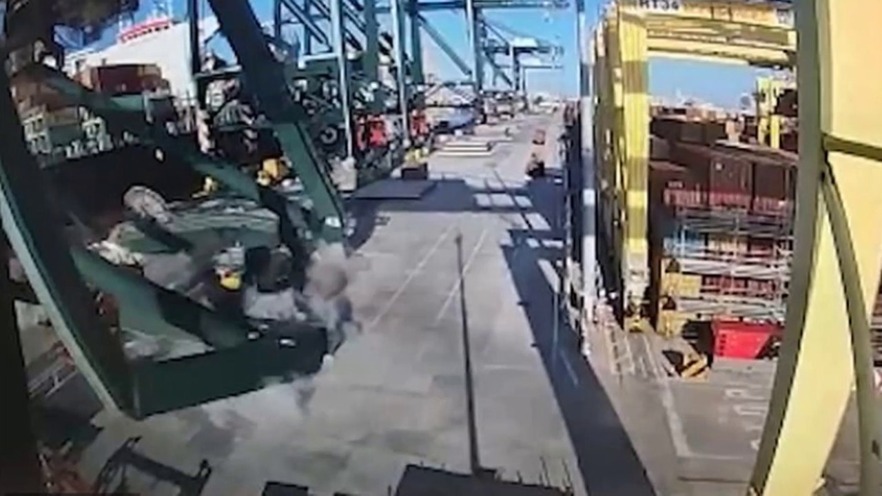 Moment 180ft crane collapses with the operator still inside after it is hit by container ship