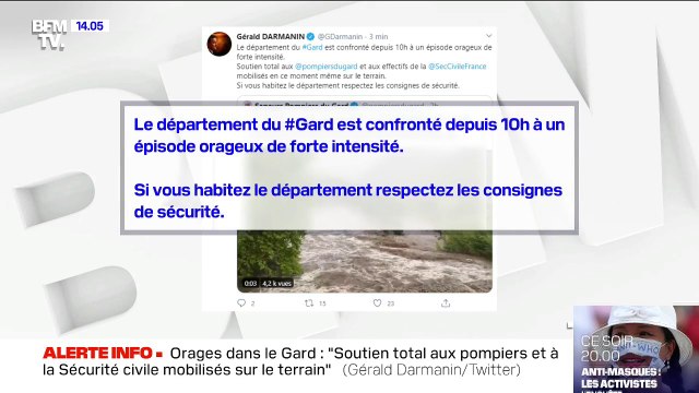 Orages dans le Gard: sur Twitter, Gérald Darmanin apporte un soutien total aux pompiers et à la Sécurité civile mobilisés sur le terrain
