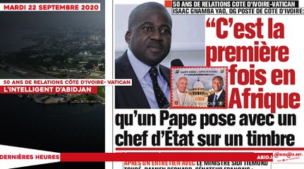 Le titrologue du Mardi 22 Septembre 2020/ 50 ans de relations Côte d'ivoire - Vatican