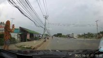 Terrifying moment fallen power cable hits motorcycle rider and passenger