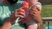 Toddler Sips Drink From Tumbler to Imitate Dad Drinking Beer