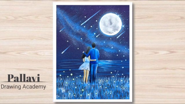 How to draw beautiful night Aurora Painting with Love couple __ Pallavi Drawing (1)