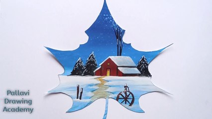 How to draw easy and beautiful snow house painting on leaf __ Pallavi Drawing Ac