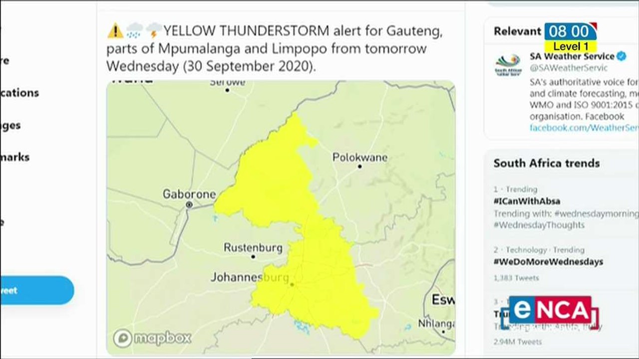 Thunderstorm alert for Gauteng, Mpumalanga and Limpopo