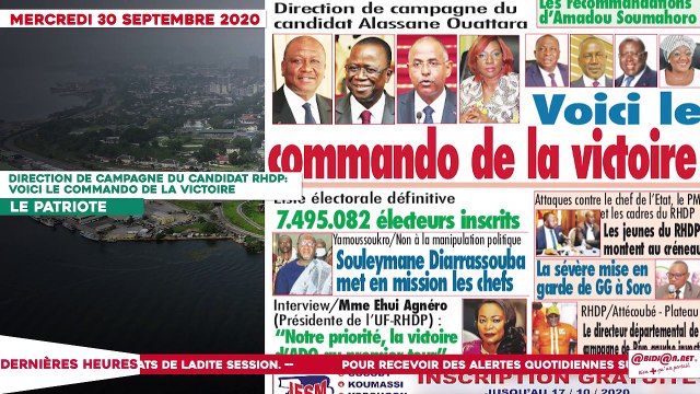 Le titrologue du Mercredi 30 Septembre 2020/ Direction de campagne du RHDP: voici le commando de la victoire
